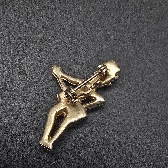 Rhinestone Guitar Player Brooch Pin Petite Gold Tone Vintage Music Gift - Picture 3 of 8